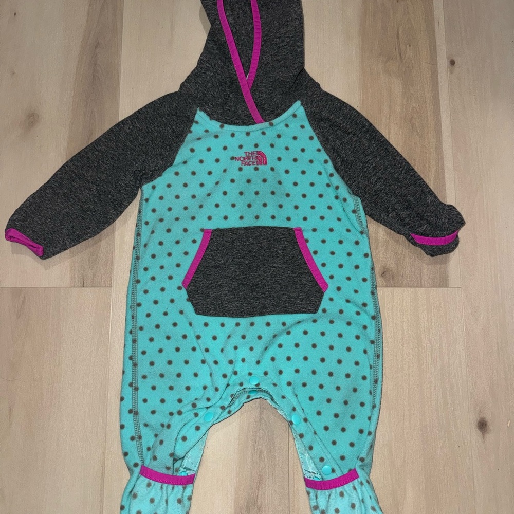 The North Face Aqua Polka Dot & Charcoal Hooded Fleece One-Piece
